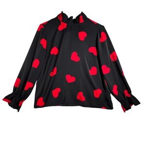 Studio Park Blouse Heart Print Ruffle Neck Long Sleeve Top Black Red Women Large